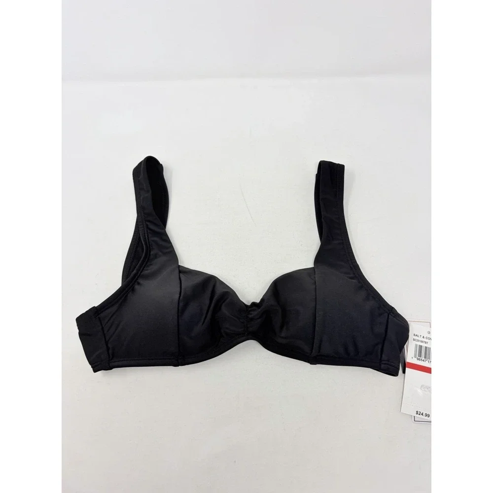 Salt + Cove Juniors Size XS Center- Ruched V-Neck Bikini Swim Top in Black 2673